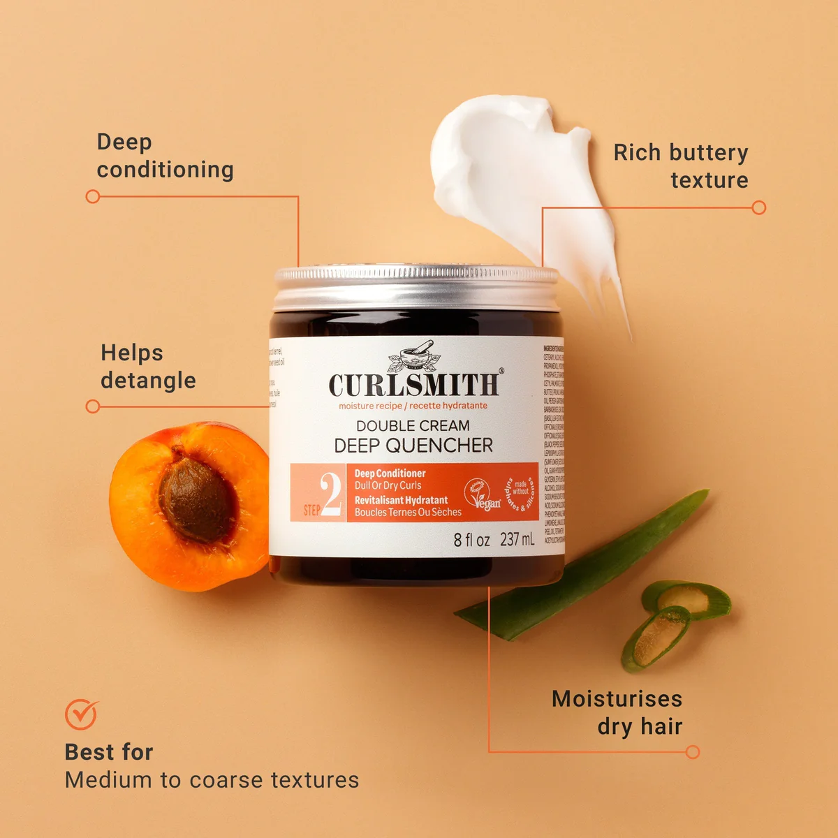 Curlsmith Double Cream Deep Quencher jar with apricot and jalapeño on a beige background