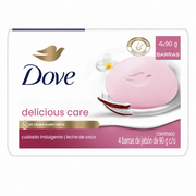Dove Delicious Care Coconut Milk Soap Bars 4 x 90g with moisturising cream for soft, nourished skin white packaging with 4 soaps included on a white background