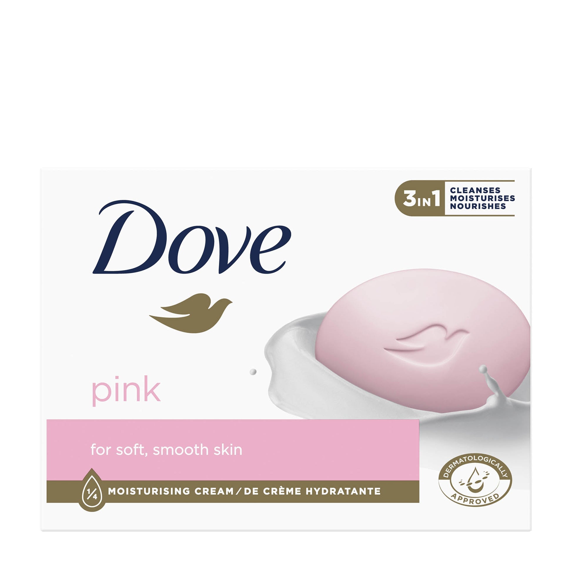 Dove Pink Beauty Cream Soap Bar 90g with ¼ moisturising cream to cleanse, nourish and leave skin soft and smooth white carton box on a white background