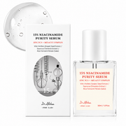 Dr. Althea 15% Niacinamide Purity Serum 30ml glass bottle, box that glass bottle comes in at the centre and texture shot in the top left corner