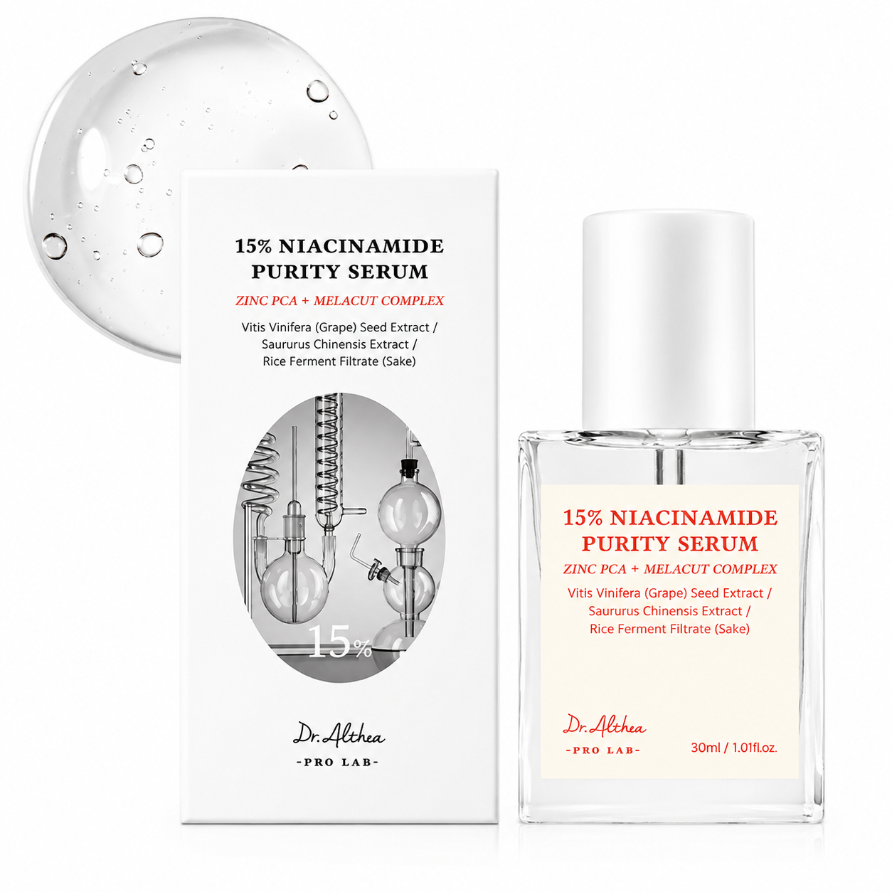 Dr. Althea 15% Niacinamide Purity Serum 30ml glass bottle, box that glass bottle comes in at the centre and texture shot in the top left corner