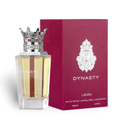 Lattafa Dynasty Eau de Parfum 100ml luxury fragrance gift set featuring the elegant perfume bottle with ornate crown cap and matching presentation box.