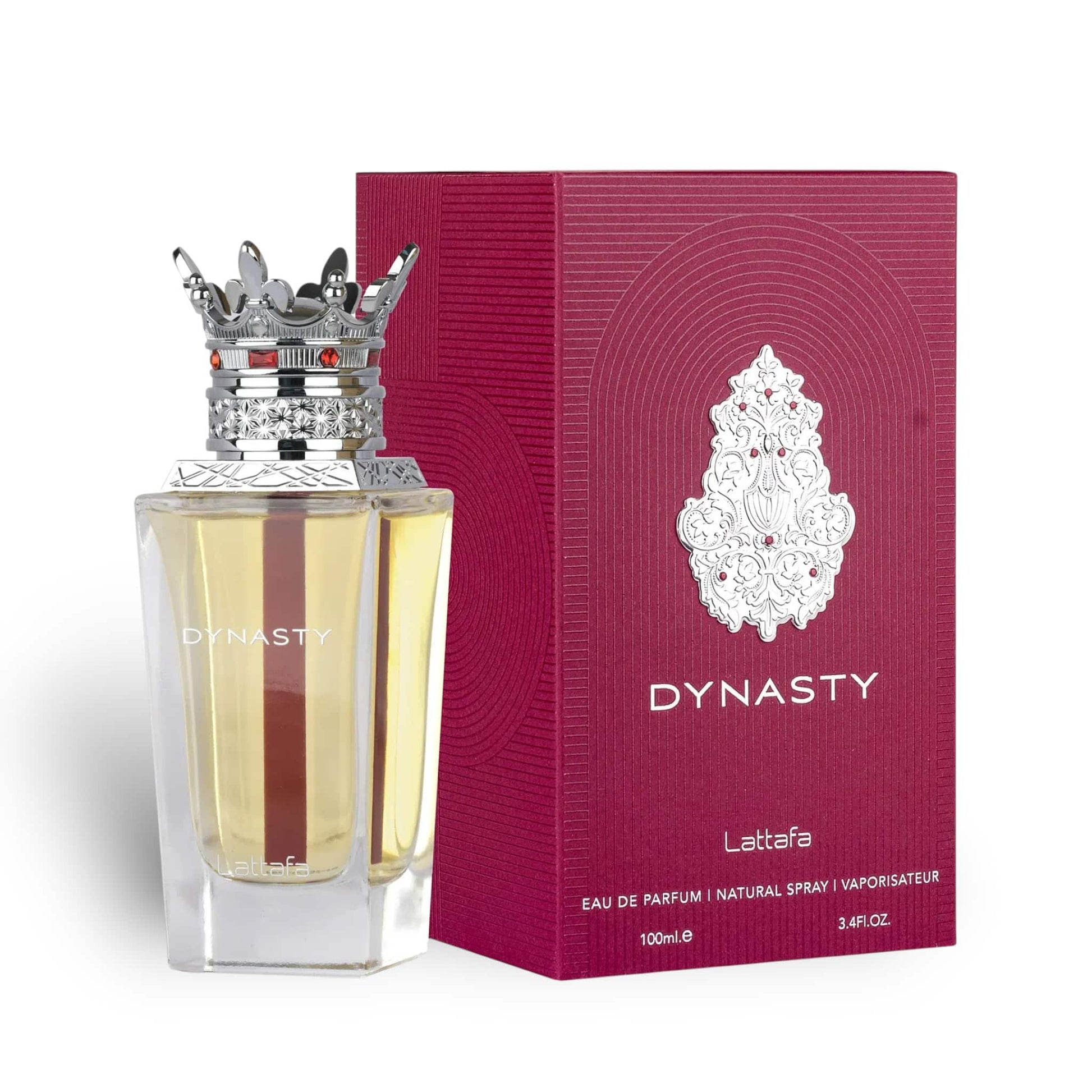 Lattafa Dynasty Eau de Parfum 100ml luxury fragrance gift set featuring the elegant perfume bottle with ornate crown cap and matching presentation box.