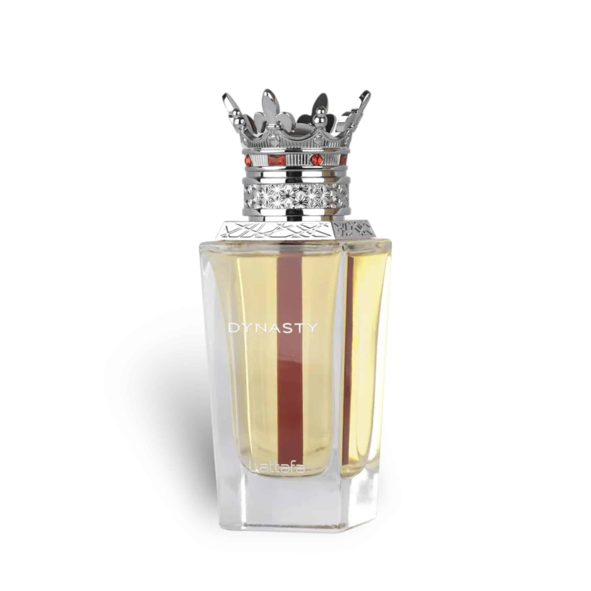 Lattafa Dynasty Eau de Parfum 100ml perfume bottle with crystal-clear glass design, gold fragrance and ornate silver crown cap.