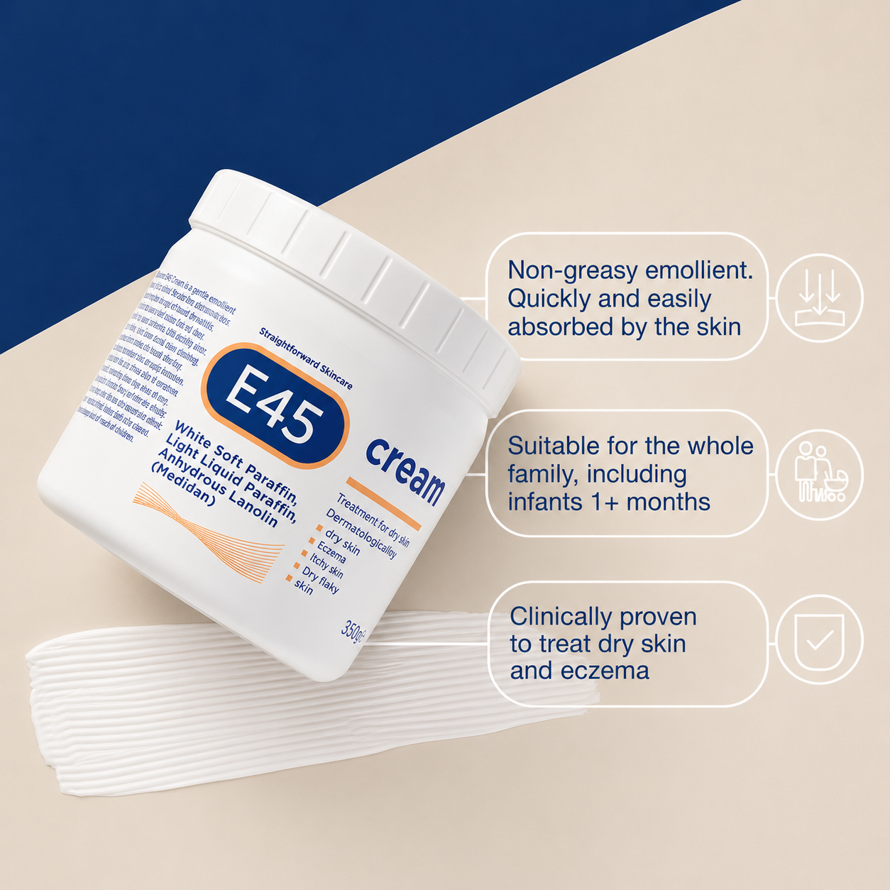 E45 Cream - For Dry Skin Conditions 350g. suitable for, non greasy and proven for eczema