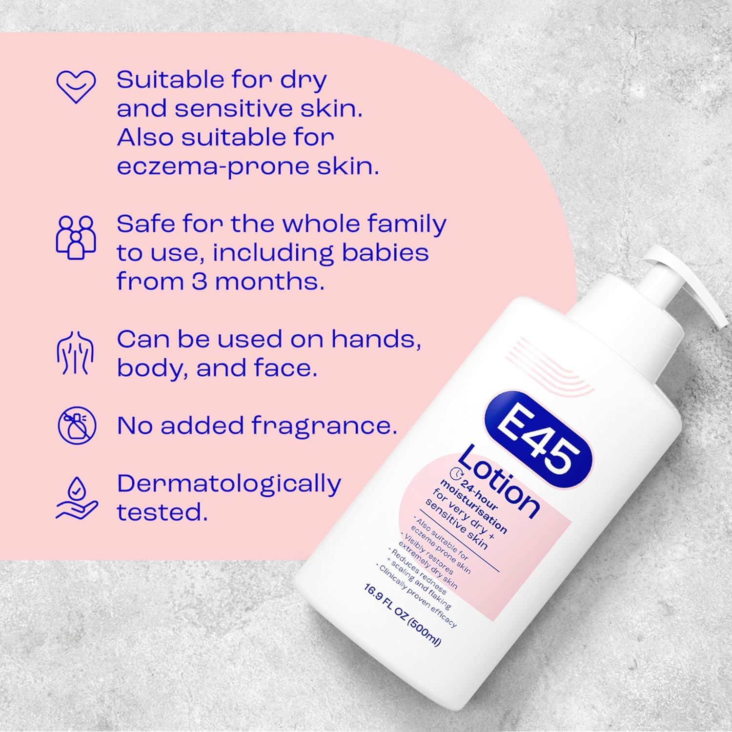 E45 Lotion - For Very Dry + Sensitive Skin 500ml suitable for, safe to use 