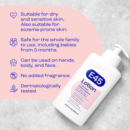 E45 Lotion - For Very Dry + Sensitive Skin 500ml suitable for, safe to use 