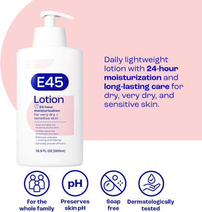 E45 Lotion - For Very Dry + Sensitive Skin 500ml daily lightweight lotion with 24 hour moisturization