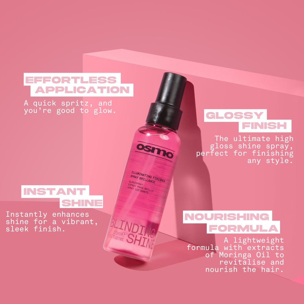 Osmo Blinding Shine spray bottle on a pink background with product features text.