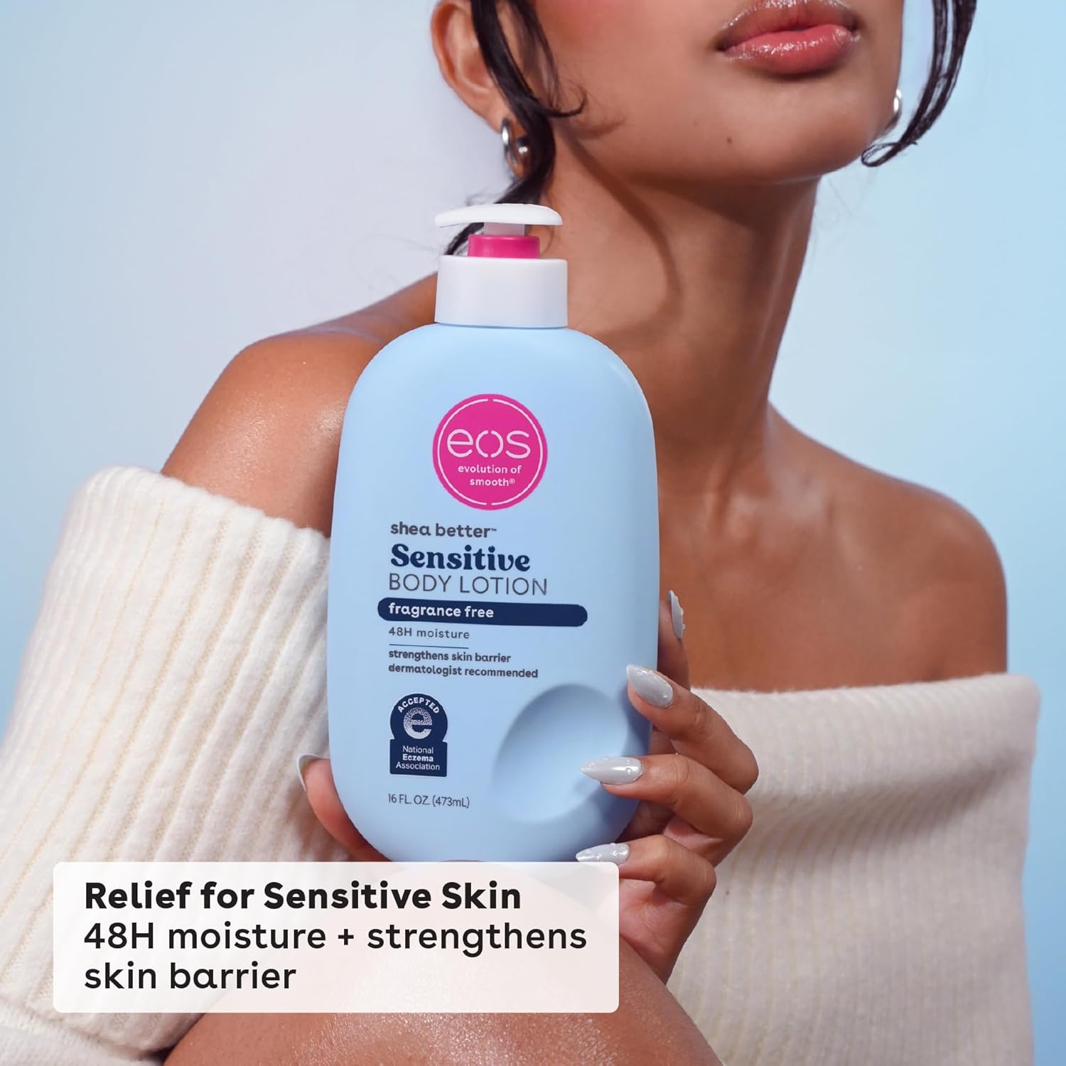 EOS Shea Better Sensitive Body Lotion Fragrance Free 473ml with model and small description 