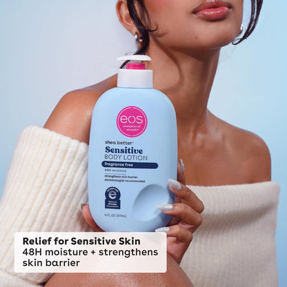 EOS Shea Better Sensitive Body Lotion Fragrance Free 473ml with model and small description 