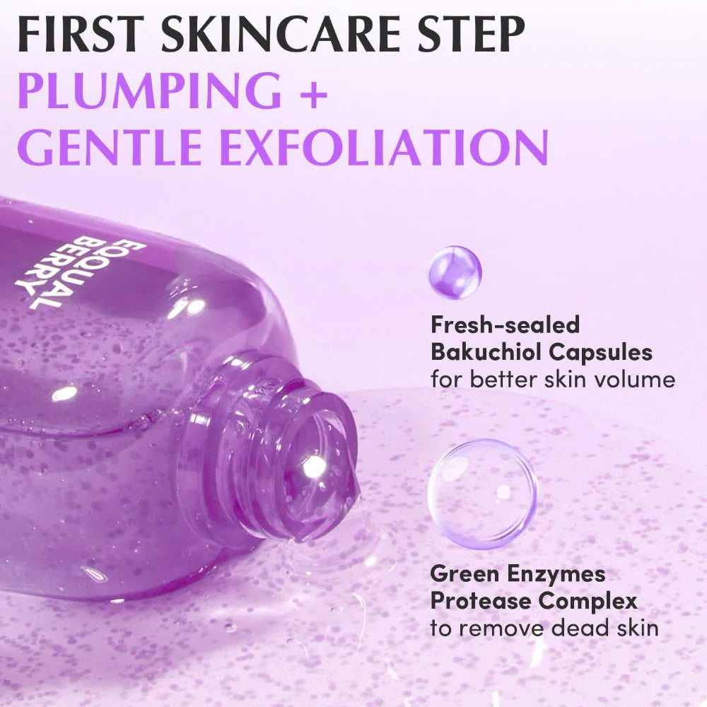 eqqualberry bakuchiol plumping capsule toner 150ml gentle exfoliation and ingredients infographic