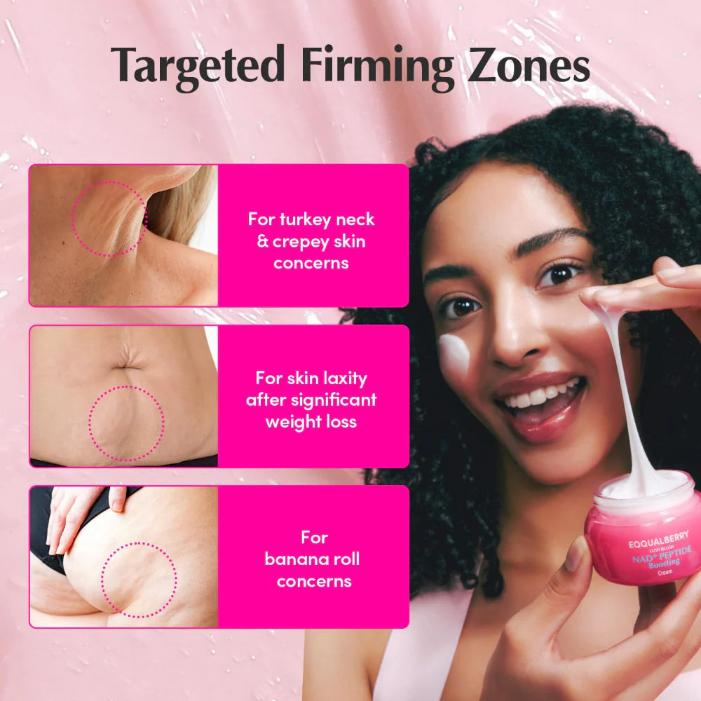 equalberry lush blush nad+ peptide boosting cream targeted firming zones on the neck area, stomach and glutes
