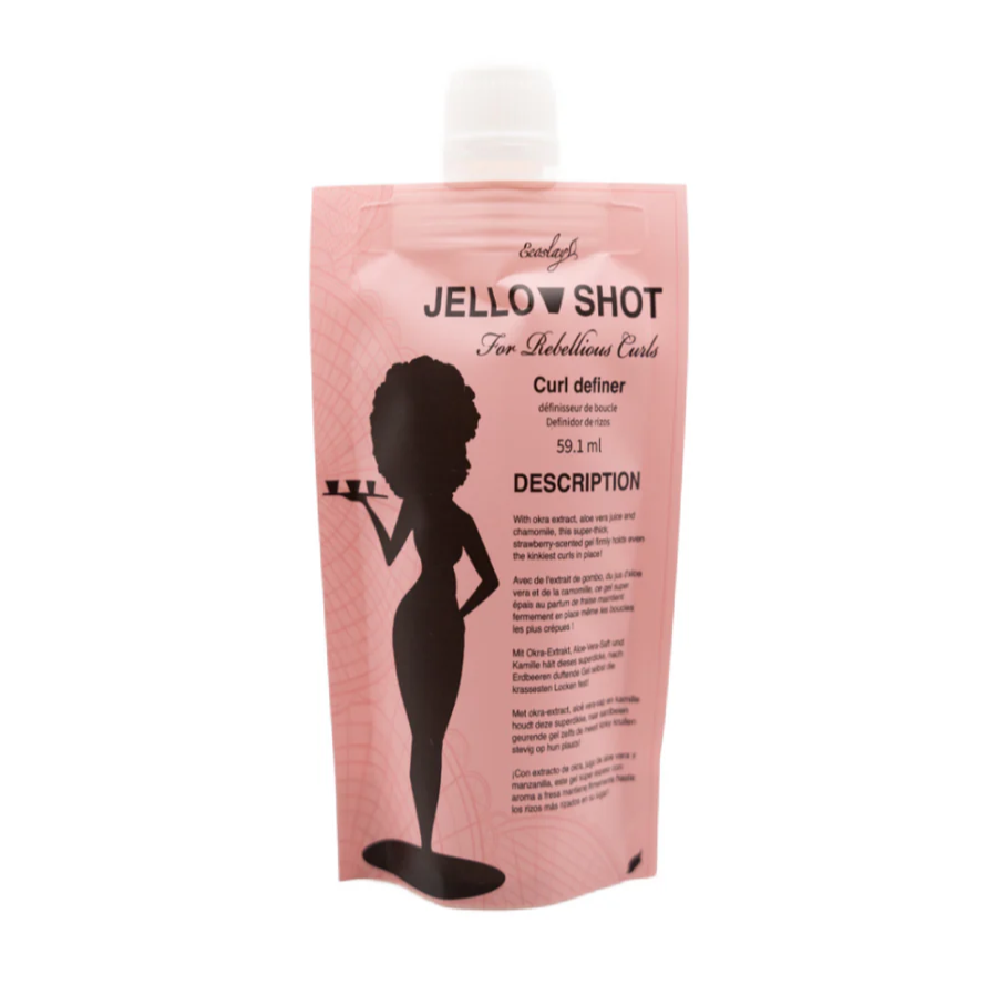 A pink pouch packaging of Ecoslay Jello Shot hair styling gel with product information and branding visible.