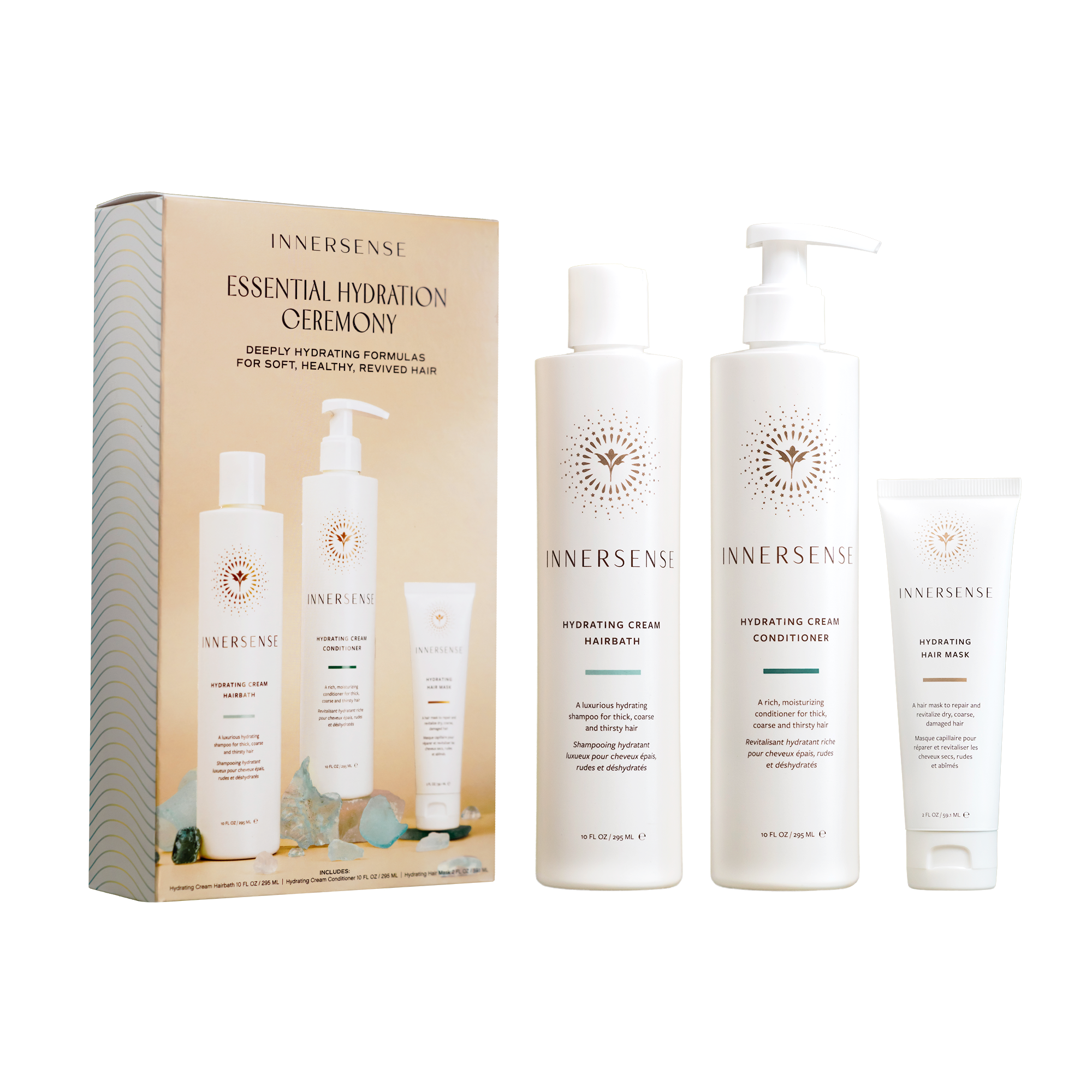 Innersense hair care product set with packaging on a white background