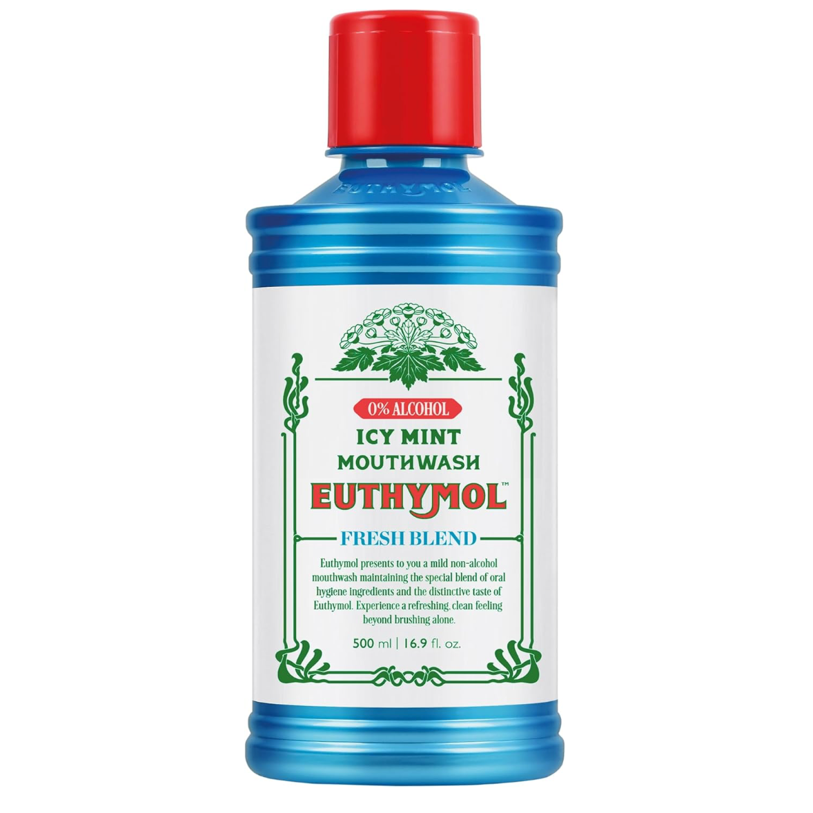 Euthymol Icy Mint Alcohol-Free Mouthwash 500ml in a blue bottle with red cap, centred on a clean white background