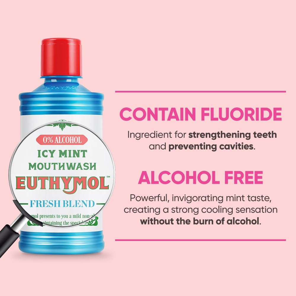 Euthymol Icy Mint Mouthwash 500ml blue bottle with red cap on a pink background, highlighting its fluoride and alcohol-free formula