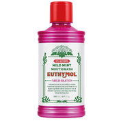 Euthymol Mild Mint Alcohol-Free Mouthwash 500ml pink and white bottle with red cap, centred on a clean white background