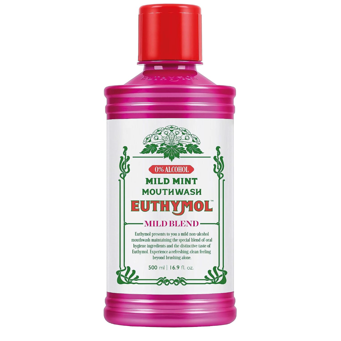Euthymol Mild Mint Alcohol-Free Mouthwash 500ml pink and white bottle with red cap, centred on a clean white background