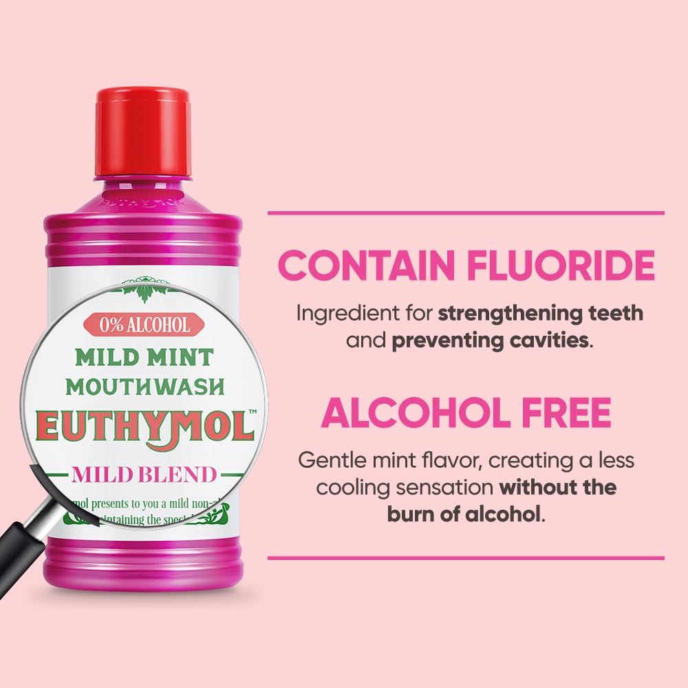 Euthymol Mild Mint Alcohol-Free Mouthwash 500ml pink and white bottle with red cap on a pink background, highlighting fluoride and gentle mint flavour