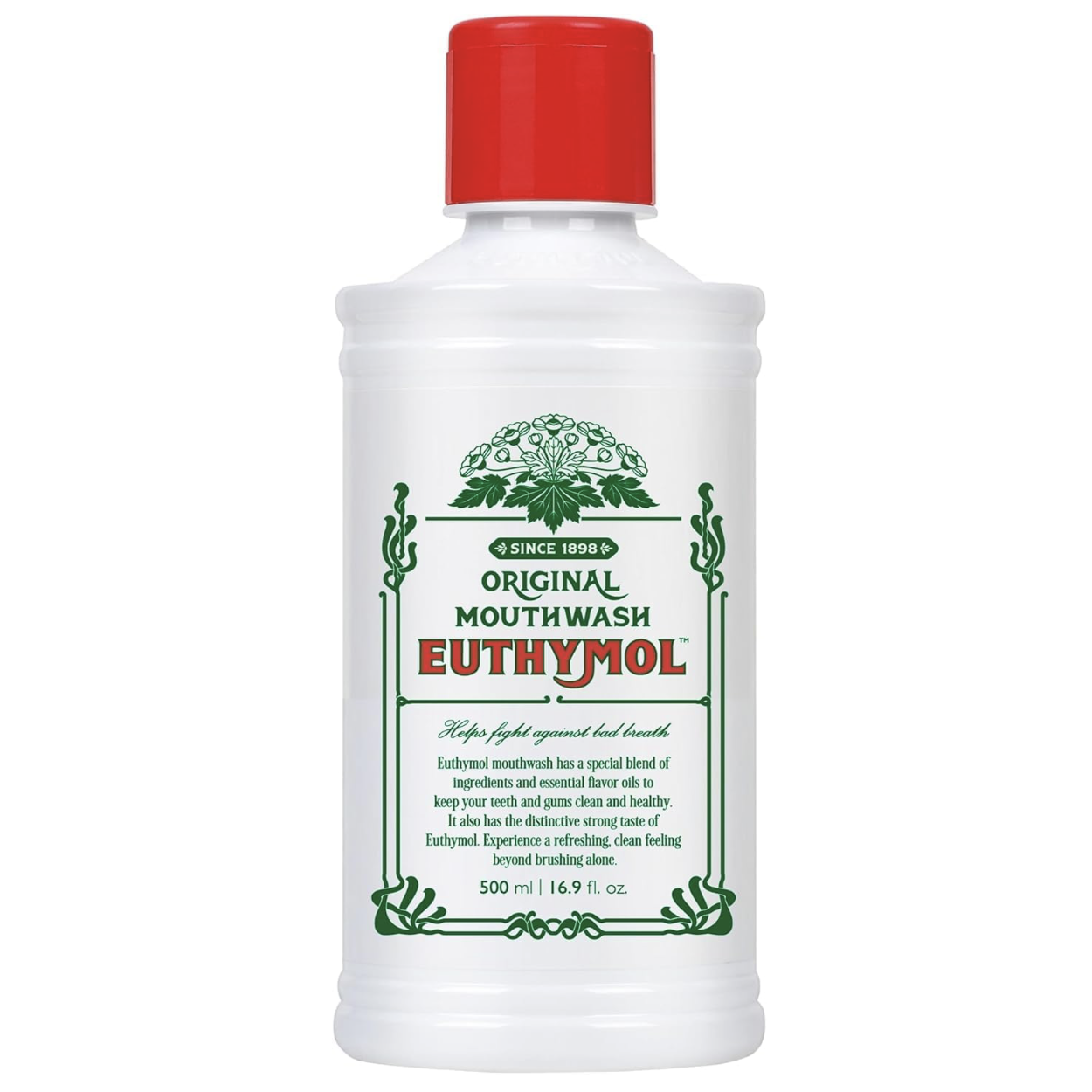 Euthymol Original Mouthwash 500ml white bottle with red cap and vintage green label, centred on a clean white background, formulated to fight bad breath and leave the mouth feeling fresh and clean.