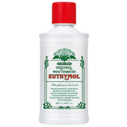 Euthymol Original Mouthwash 500ml white bottle with red cap and vintage green label, centred on a clean white background, formulated to fight bad breath and leave the mouth feeling fresh and clean.