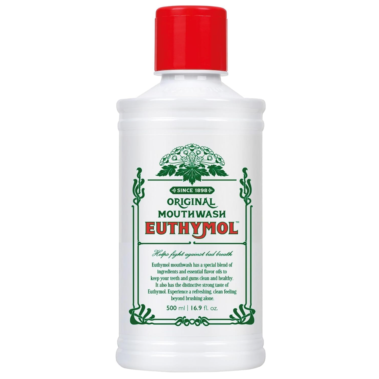 Euthymol Original Mouthwash 500ml white bottle with red cap and vintage green label, centred on a clean white background, formulated to fight bad breath and leave the mouth feeling fresh and clean.
