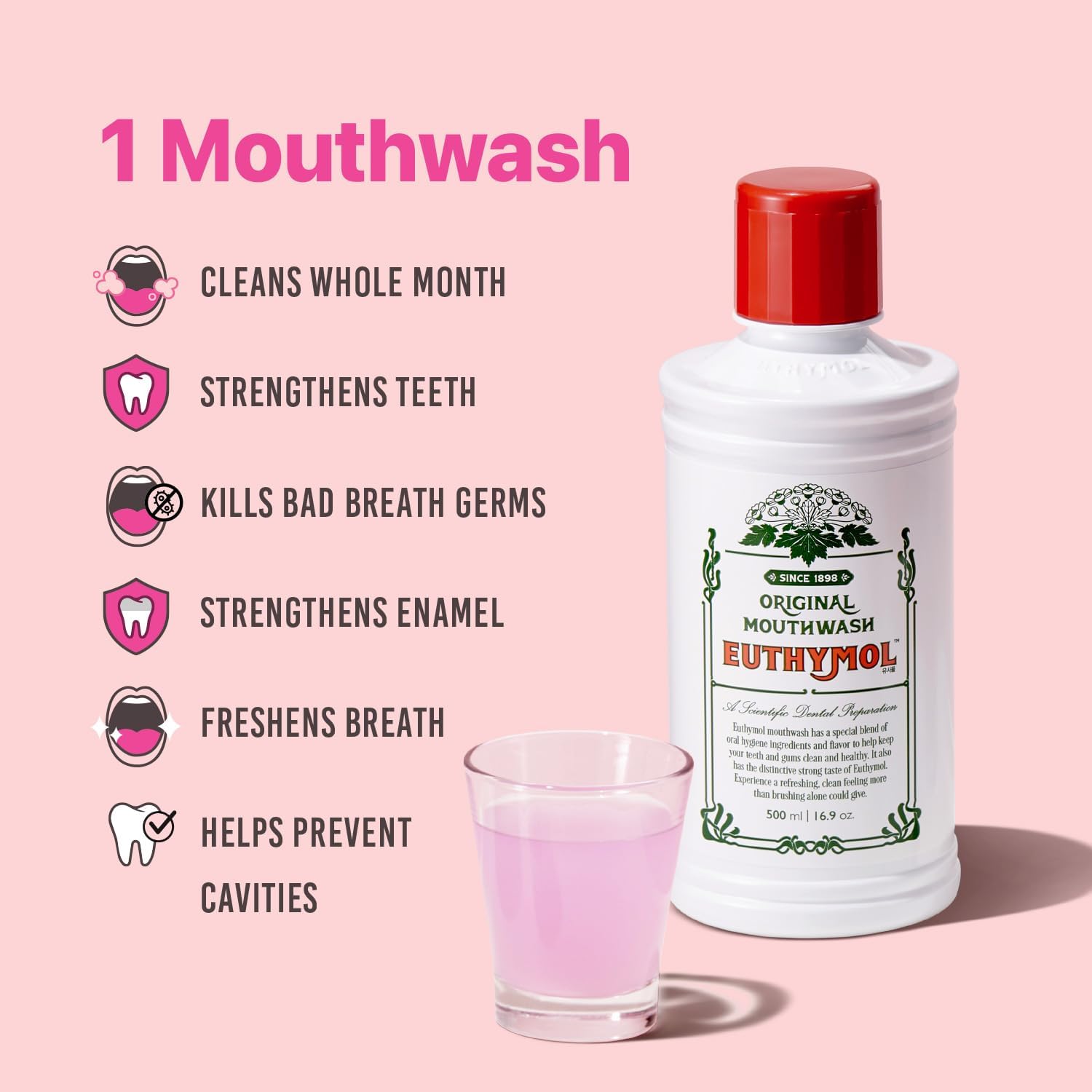 White Euthymol Original Mouthwash bottle and glass of pink mouthwash on a pink background with oral-care benefits