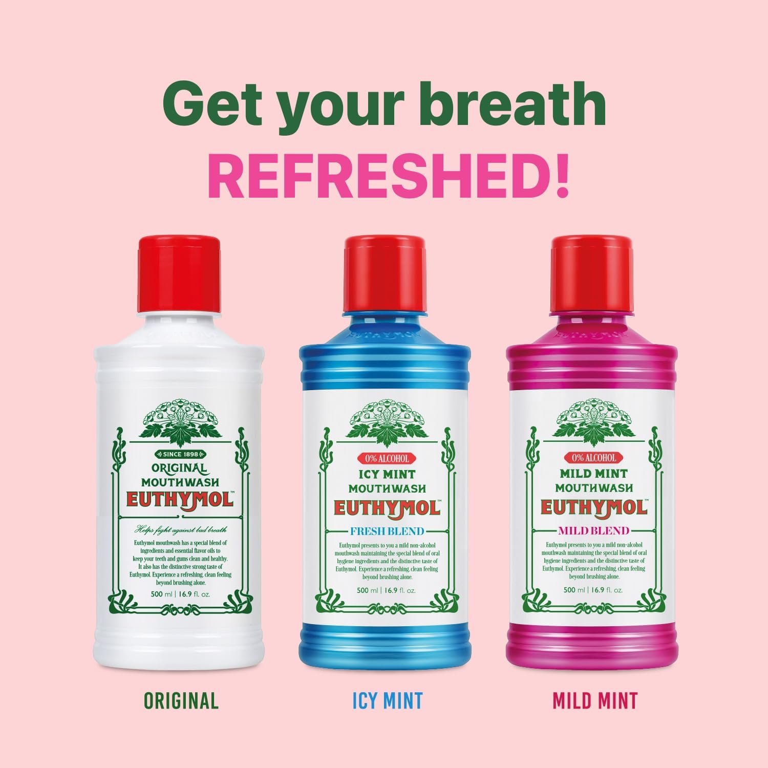 Euthymol Original, Icy Mint and Mild Mint 500ml mouthwash bottles with red caps displayed on a soft pink background jj
