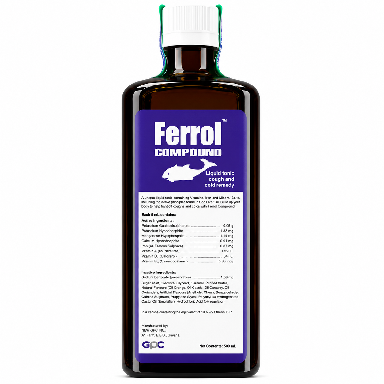 Ferrol Compound Liquid Tonic 500ml Back of glass bottle, list of active ingredients