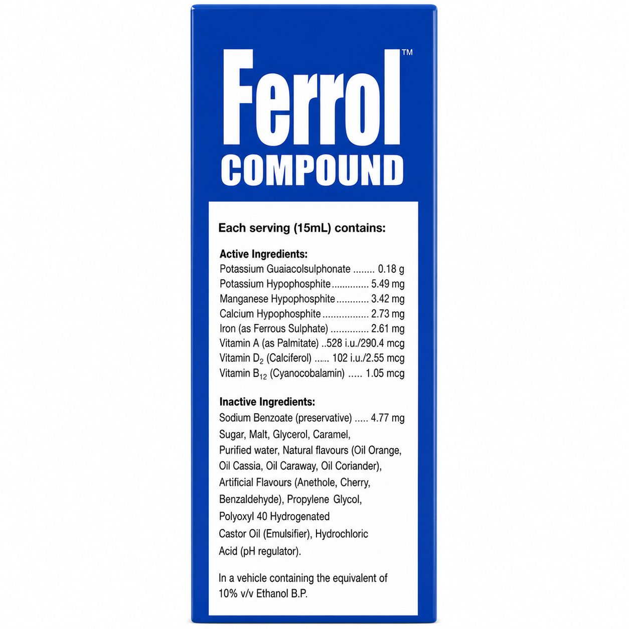 Ferrol Compound Liquid Tonic 500ml list of active ingredients per 15ml