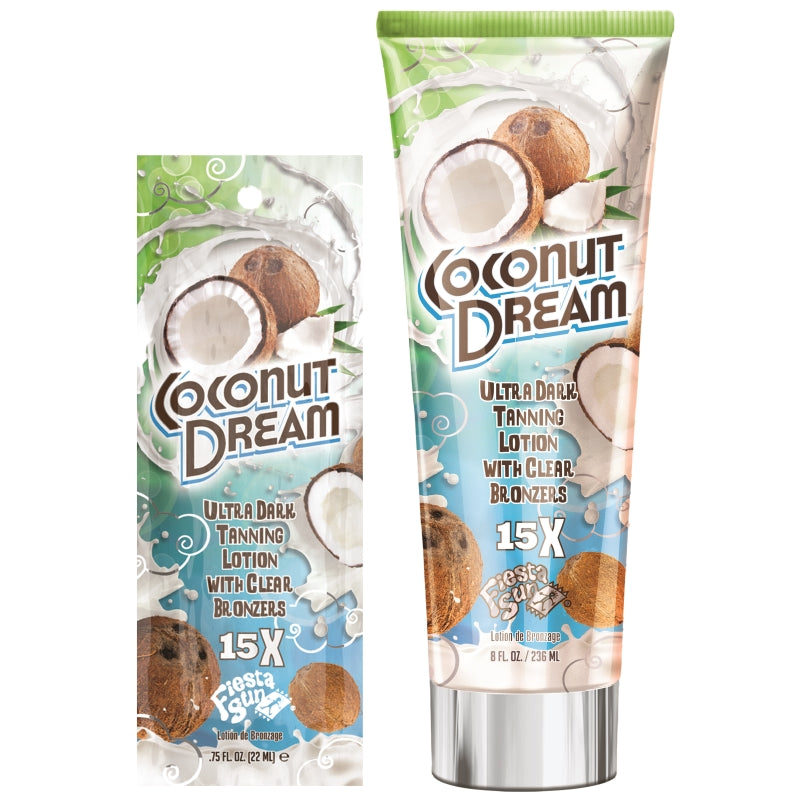 Fiesta Sun Coconut Dream 15X Ultra Dark Tanning Lotion available in 22ml sachet and 236ml tube at Kiyo Beauty