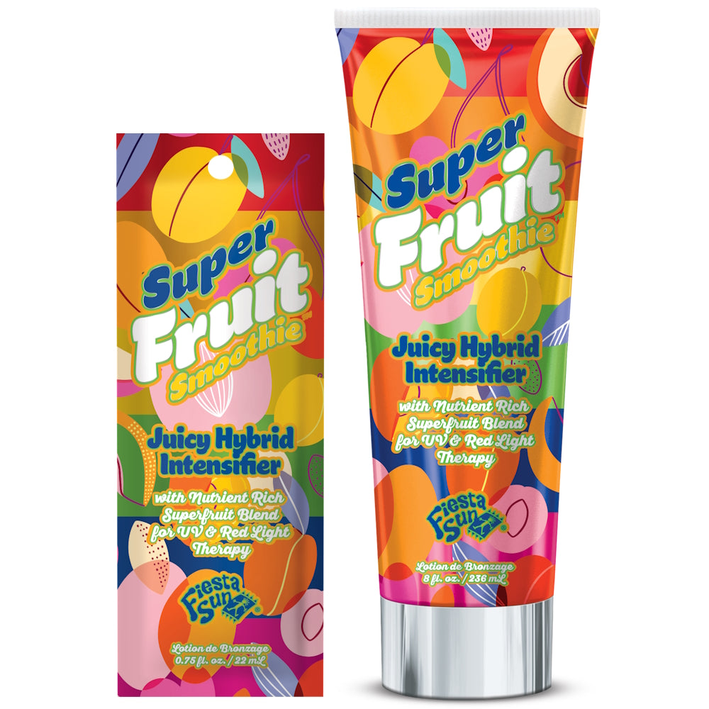 Fiesta Sun Super Fruit Smoothie Juicy Hybrid Intensifier available in 22ml sachet and 236ml tube at Kiyo Beauty