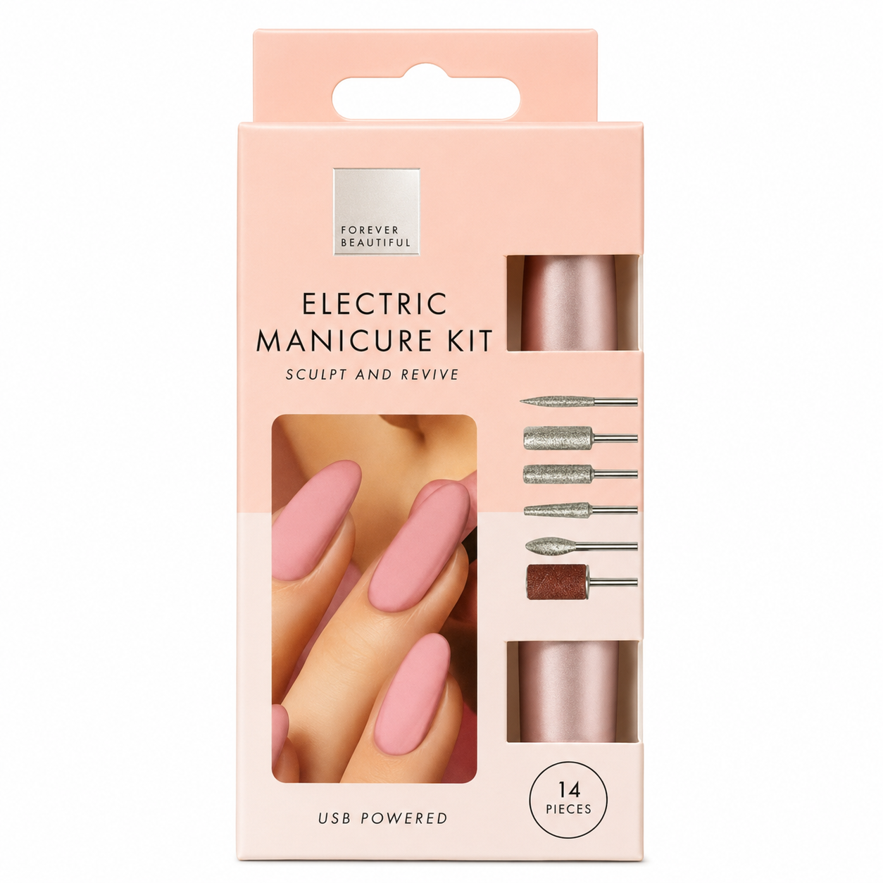 Forever Beautiful Electric Manicure Kit with USB powered nail drill, 14-piece manicure and pedicure accessory set for nail care