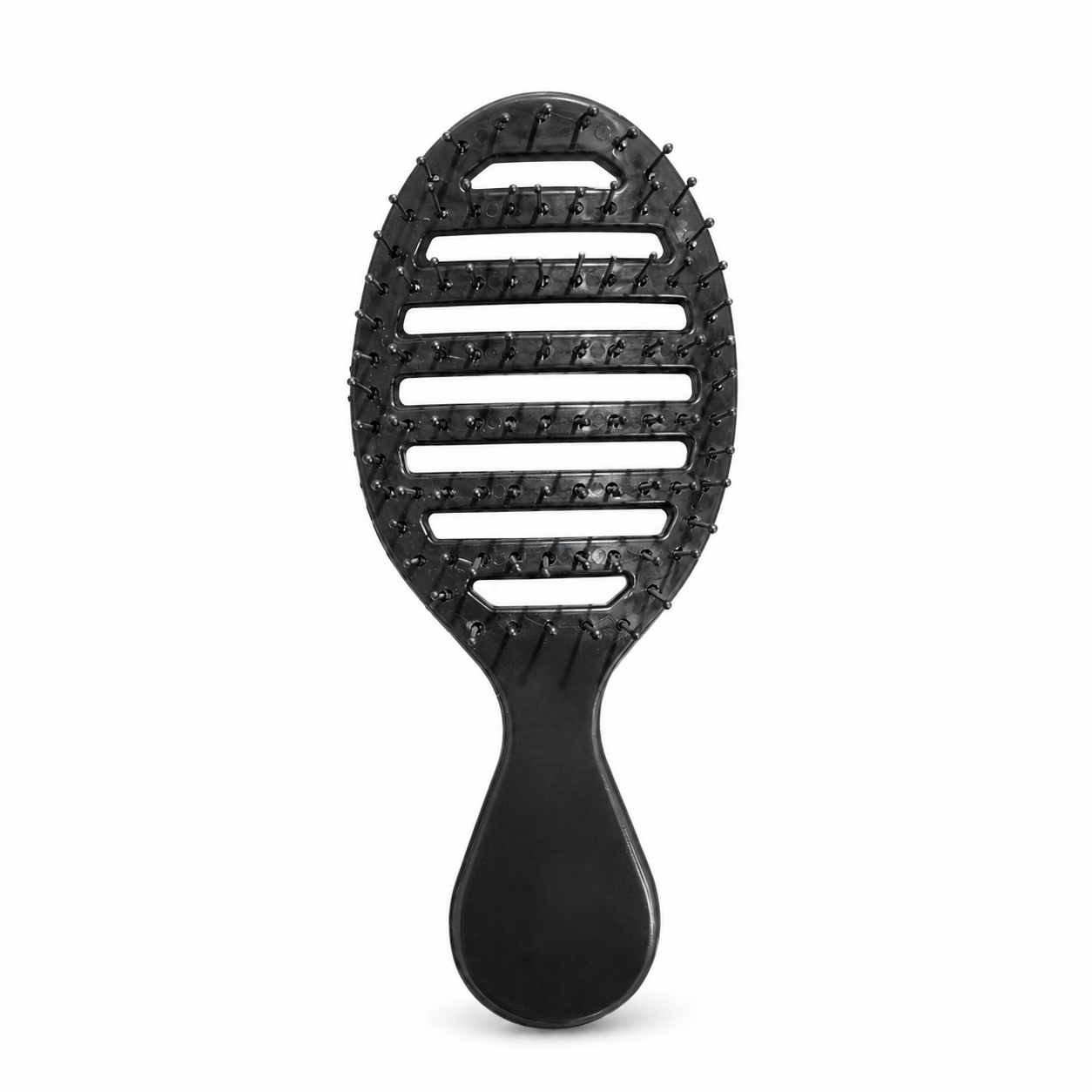 Forever Beautiful Mini Vented Hair Brush in black on a white background, lightweight vented styling brush with flexible ball-tipped bristles designed to detangle wet or dry hair, improve airflow for faster blow drying, reduce heat exposure, and create smooth, frizz-free styling results.