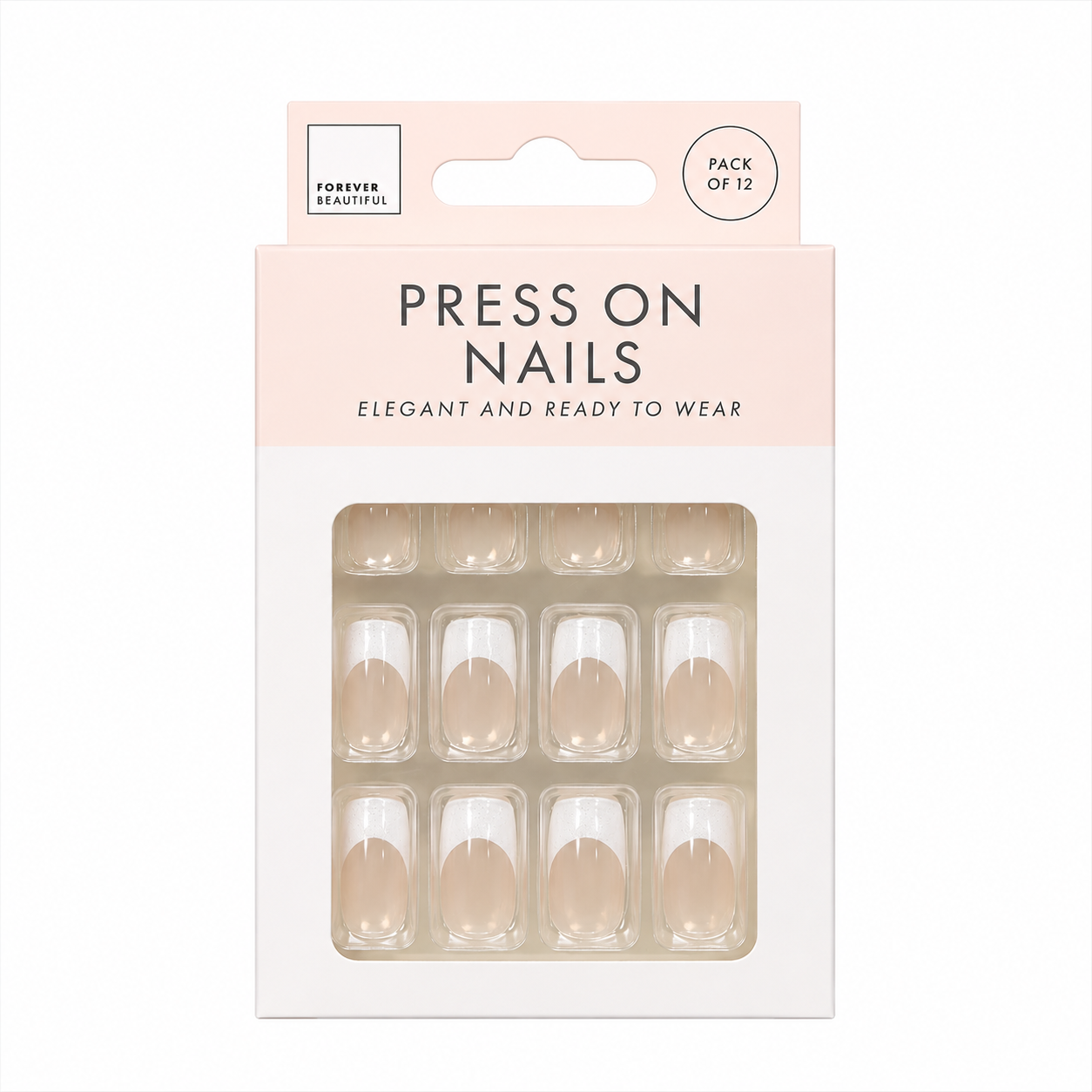 Forever Beautiful Press On Nails 12 Pack with natural nude base and glitter French tip design in retail packaging.
