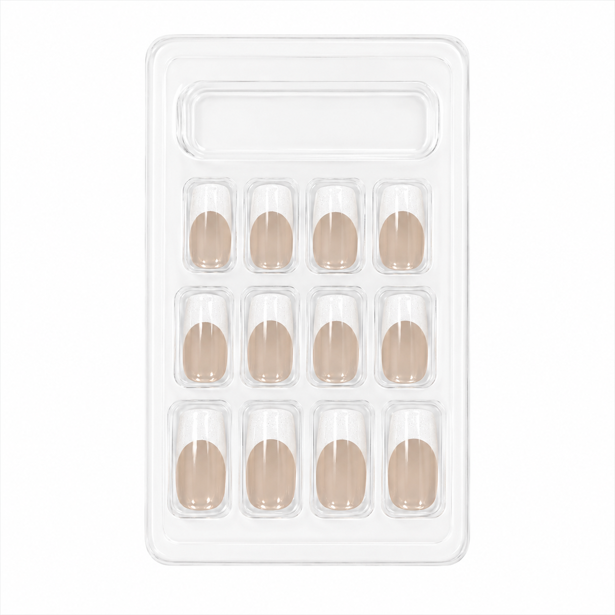 Forever Beautiful 12 Pack press on nails with nude base and glitter French tips displayed in a clear plastic tray.
