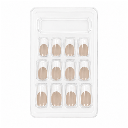 Forever Beautiful 12 Pack press on nails with nude base and glitter French tips displayed in a clear plastic tray.