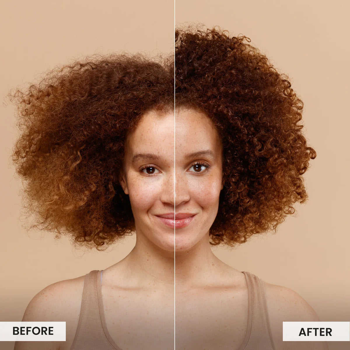 Before and after comparison of a woman with curly hair on a beige background. Curlsmith Fragrance-Free Shampoo | Kiyo Beauty