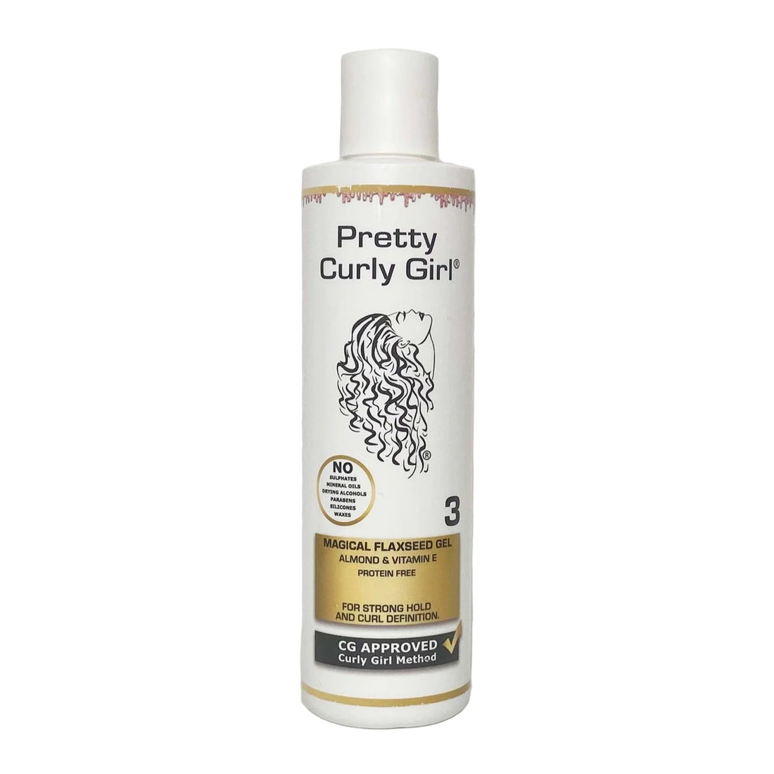 Pretty Curly Girl hair product bottle on a white background