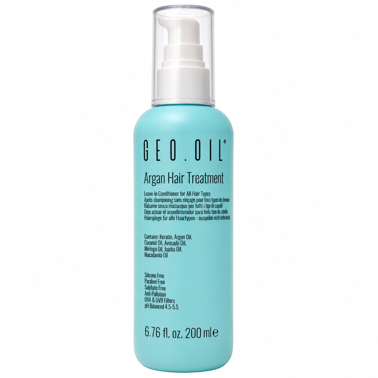     Front product image of GEO.OIL Argan Hair Treatment 200ml, a leave-in conditioner for all hair types in a turquoise blue pump bottle with a white pump and clear cap. Contains keratin, argan oil, coconut oil, avocado oil, moringa oil, jojoba oil and macadamia oil, with silicone-free, paraben-free and sulphate-free formula.