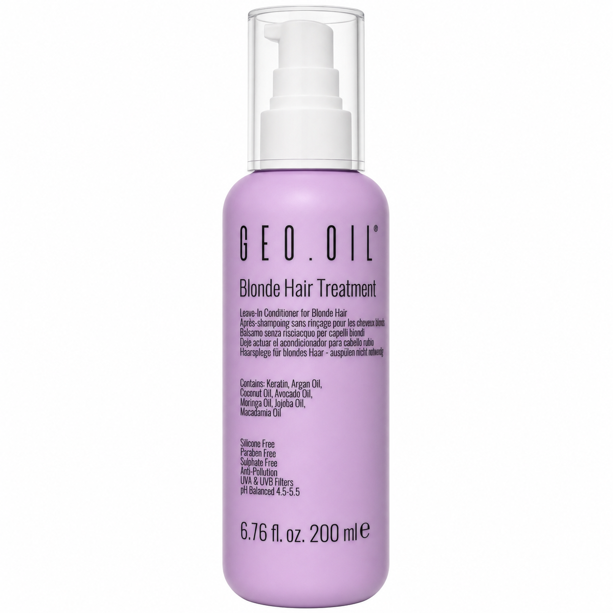     Front product image of GEO.OIL Blonde Hair Treatment 200ml, a leave-in conditioner for blonde hair in a lilac purple pump bottle with a white pump and clear cap. Formulated with keratin, argan oil, coconut oil, avocado oil, moringa oil, jojoba oil and macadamia oil, with silicone-free, paraben-free and sulphate-free formula.