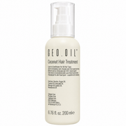     Front product image of GEO.OIL Coconut Hair Treatment 200ml, a leave-in conditioner for all hair types in a cream-coloured pump bottle with a white pump and clear protective cap. Contains keratin, argan oil, coconut oil, avocado oil, moringa oil, jojoba oil and macadamia oil, with a silicone-free, paraben-free and sulphate-free formula.