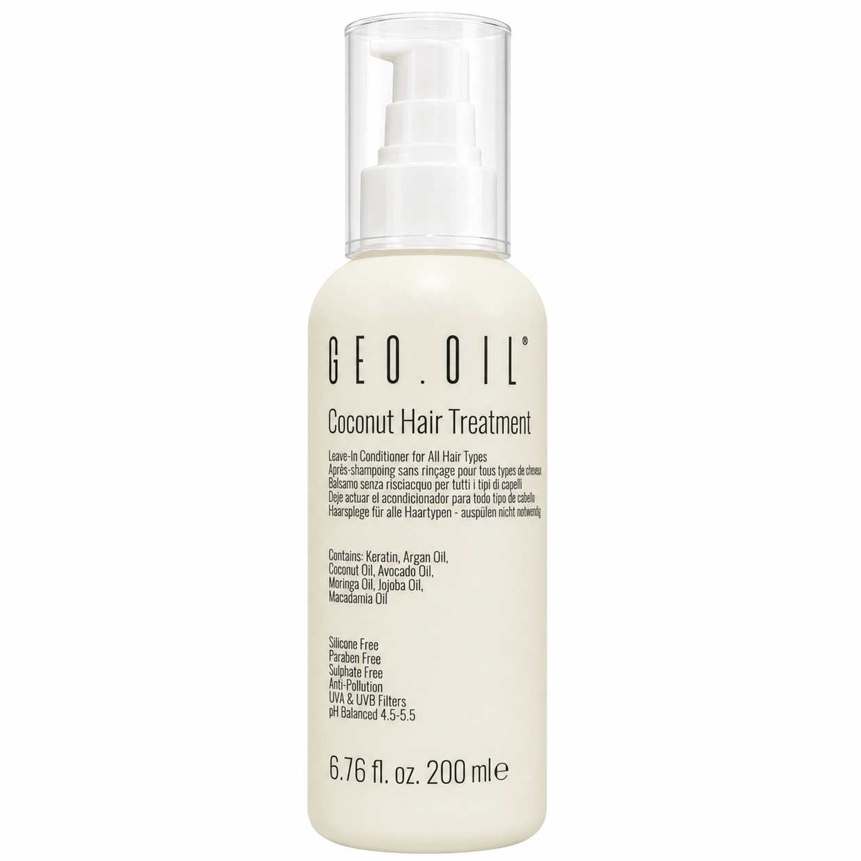     Front product image of GEO.OIL Coconut Hair Treatment 200ml, a leave-in conditioner for all hair types in a cream-coloured pump bottle with a white pump and clear protective cap. Contains keratin, argan oil, coconut oil, avocado oil, moringa oil, jojoba oil and macadamia oil, with a silicone-free, paraben-free and sulphate-free formula.