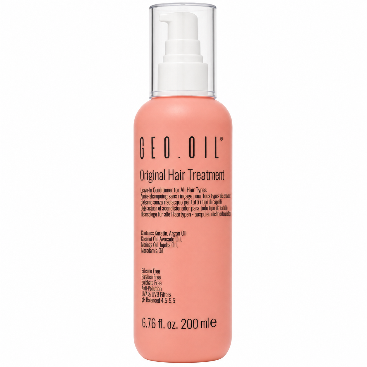     Front product image of GEO.OIL Original Hair Treatment 200ml, a leave-in conditioner for all hair types presented in a coral pink pump bottle with a white pump and transparent cap. Formulated with keratin and a blend of argan, coconut, avocado, moringa, jojoba and macadamia oils, and labelled silicone free, paraben free and sulphate free.