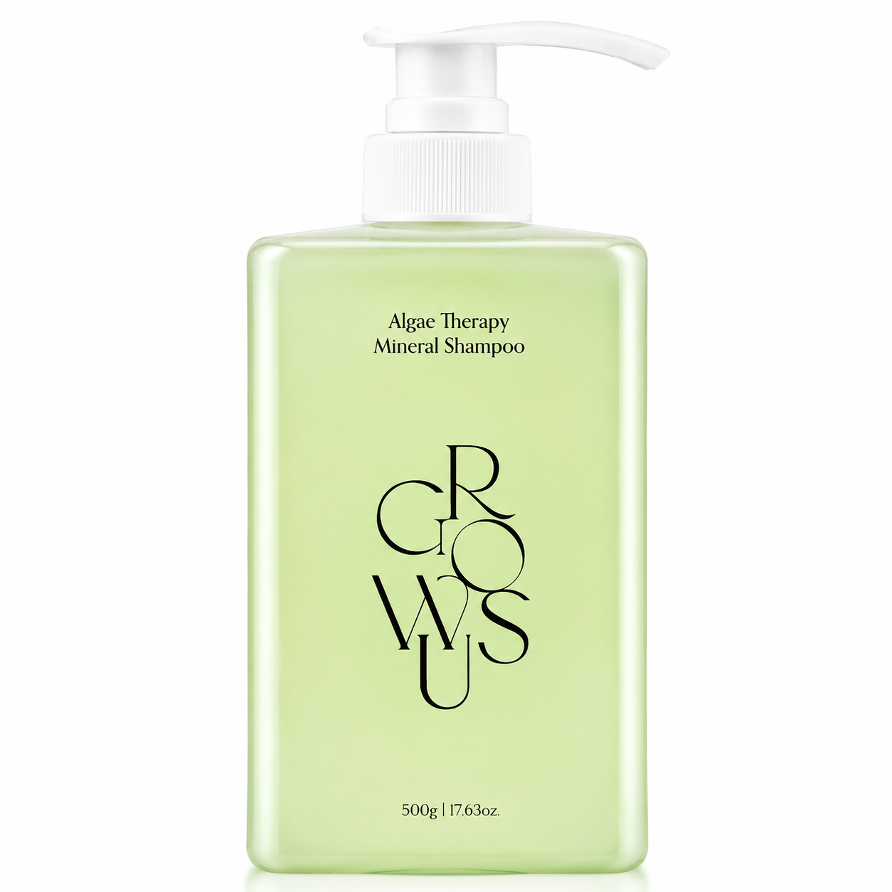 translucent light green crowsu algae therapy mineral shampoo bottle with a white pump on a clean white background, featuring minimalist packaging.
