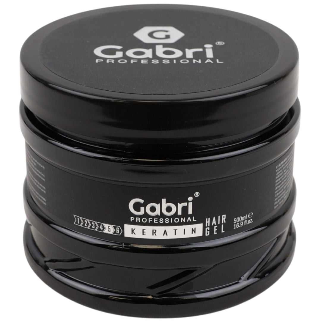 Gabri Professional Keratin Hair Gel 500ml styling gel for strong, long-lasting hold large black jar on a white background
