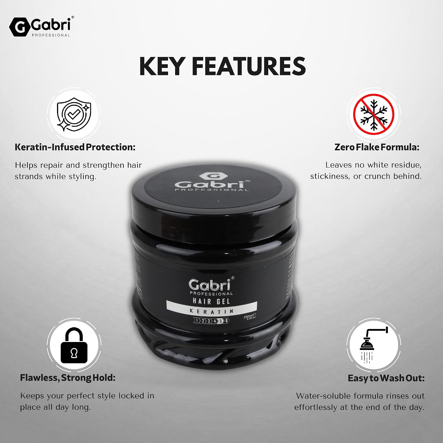 Gabri Professional Keratin Hair Gel benefits including strong flake-free hold, keratin protection and easy wash-out