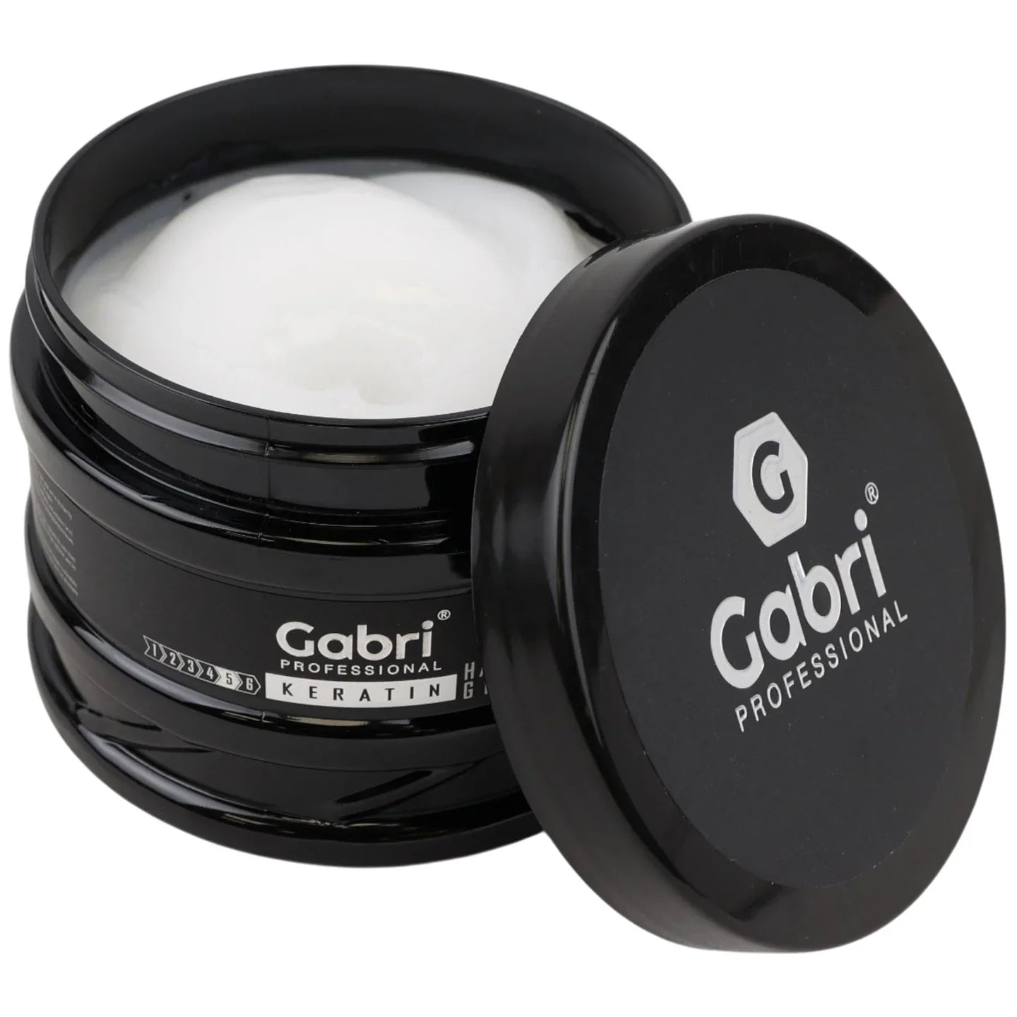 Open Gabri Professional Keratin Hair Gel 500ml showing the white keratin-infused styling gel texture