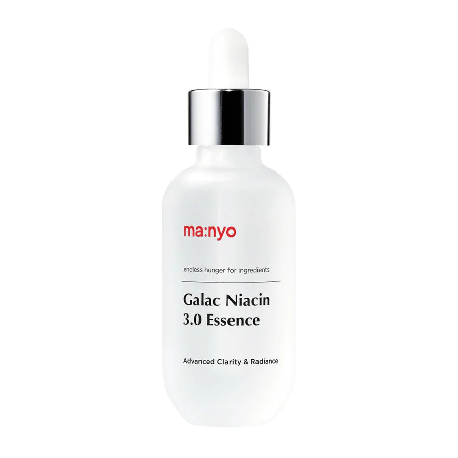 Skincare serum bottle labeled 'ma:nyo Galac Niacin 3.0 Essence' on a white background